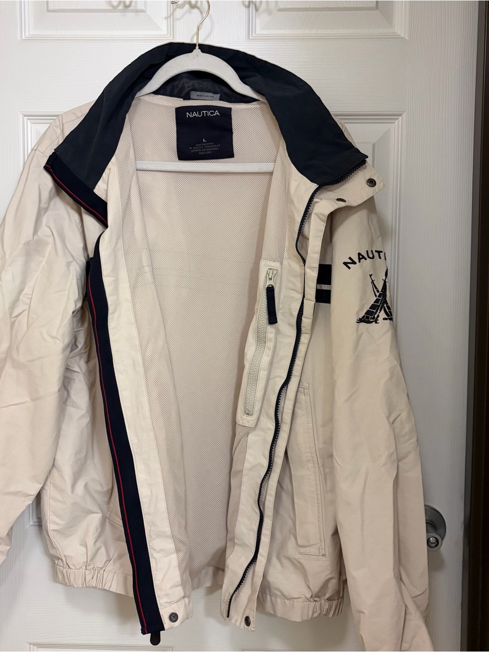 Nautica Cream and Navy Hooded Windbreaker